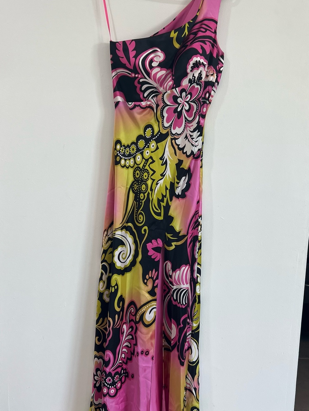 Mary L Couture Silk One Shoulder Maxi Dress Y2K Floral Vintage